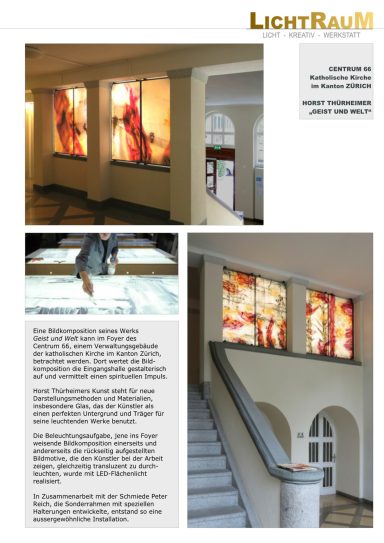 Farbiges Glas, durchleuchtet mit LED-Flächenlicht „Geist und Welt“ LED Lichtbilder